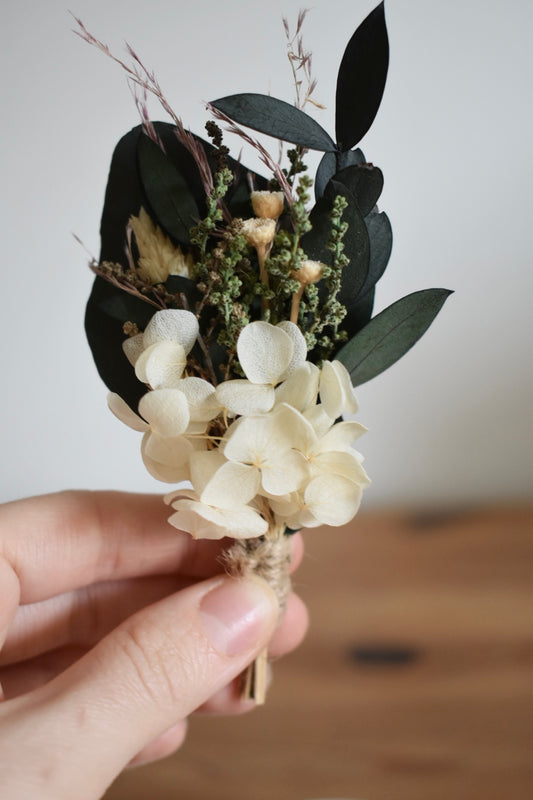 Bleached hydrangea and foliage boutonniere