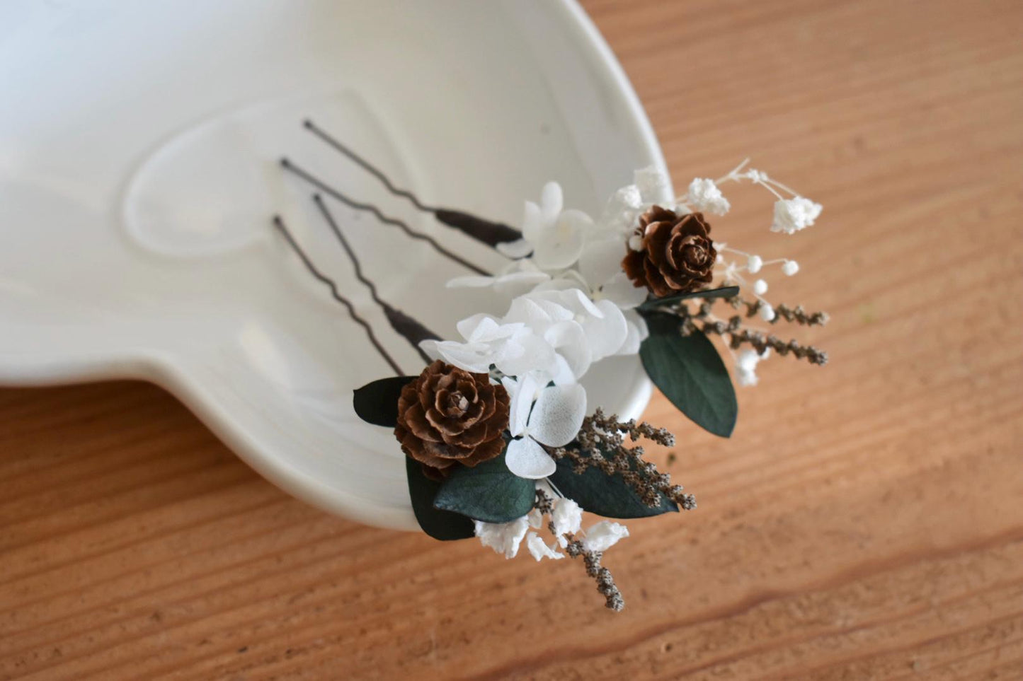 Hydrangea and eucalyptus winter hair pins