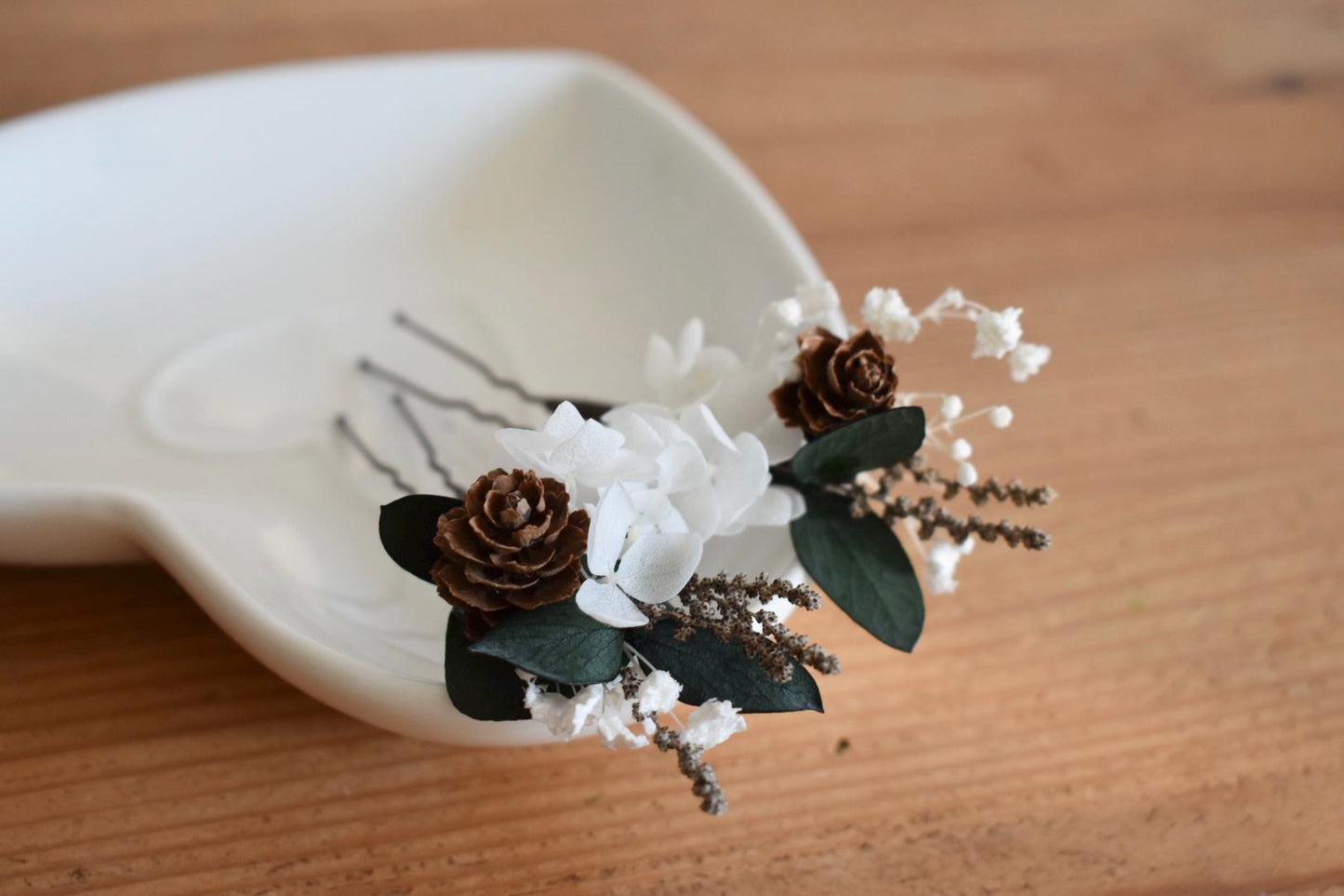 Hydrangea and eucalyptus winter hair pins