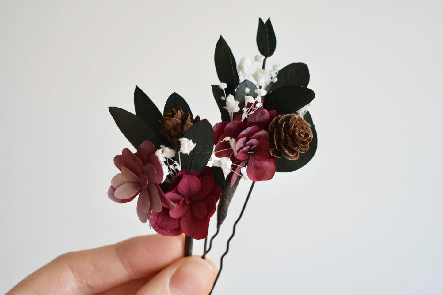 Icy burgundy hydrangea and eucalyptus winter hair pins