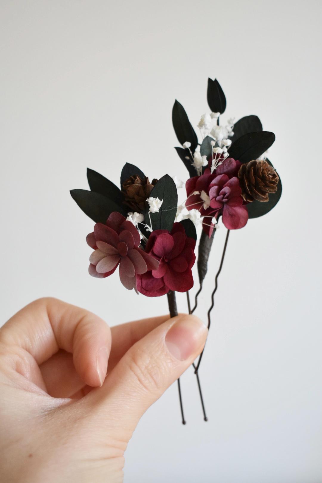 Icy burgundy hydrangea and eucalyptus winter hair pins