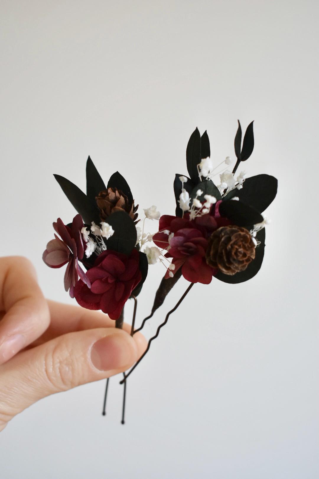 Icy burgundy hydrangea and eucalyptus winter hair pins