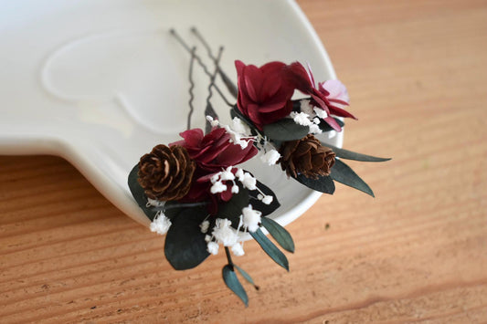 Icy burgundy hydrangea and eucalyptus winter hair pins