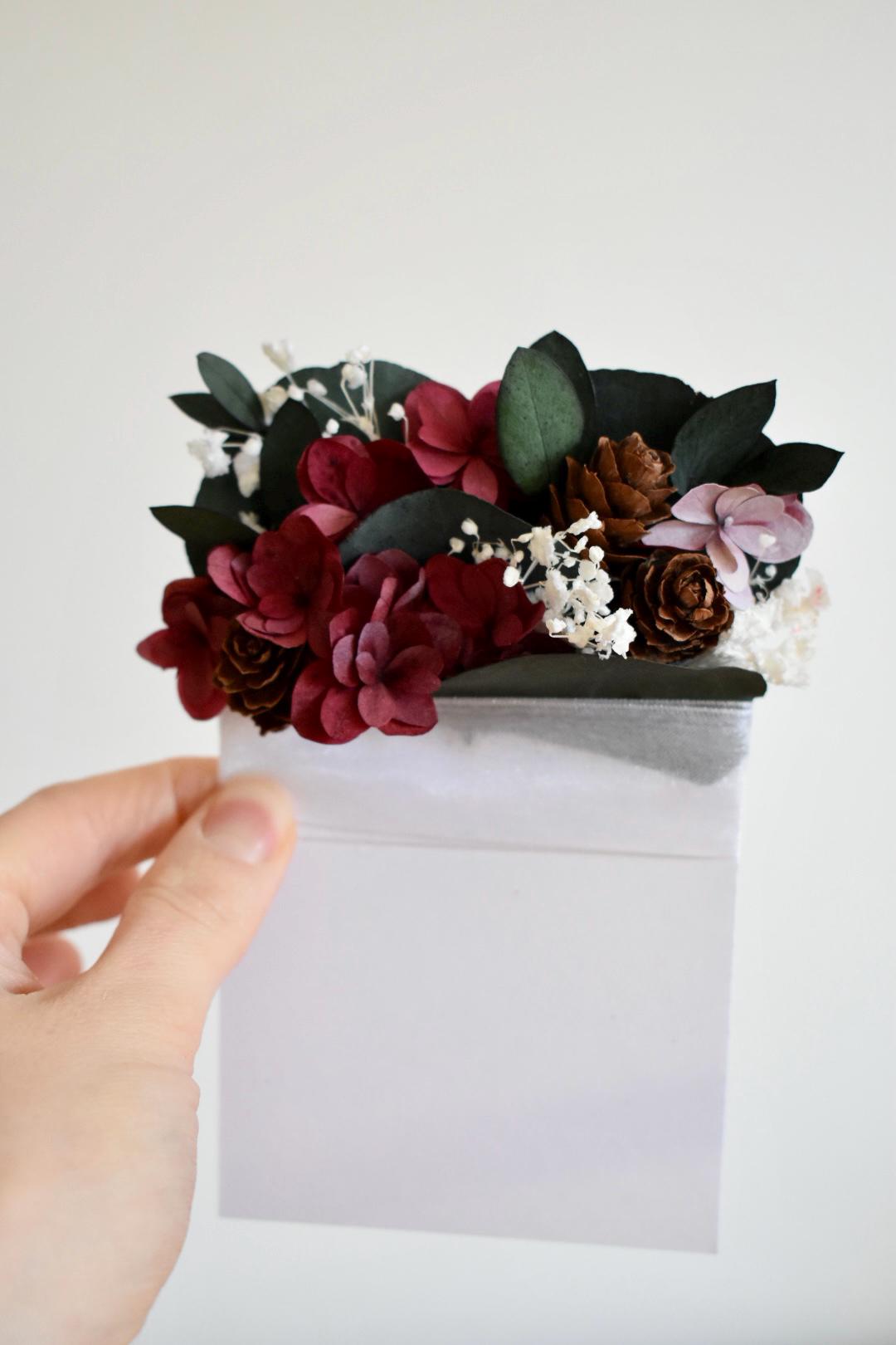 Icy burgundy hydrangea and eucalyptus winter pocket boutonniere