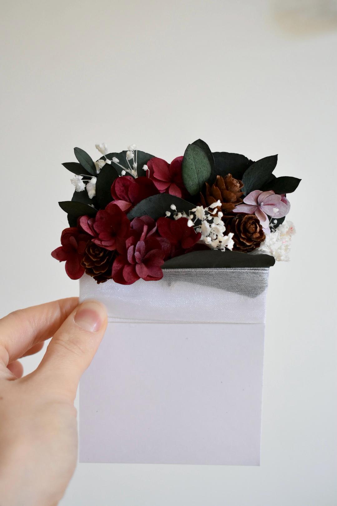 Icy burgundy hydrangea and eucalyptus winter pocket boutonniere
