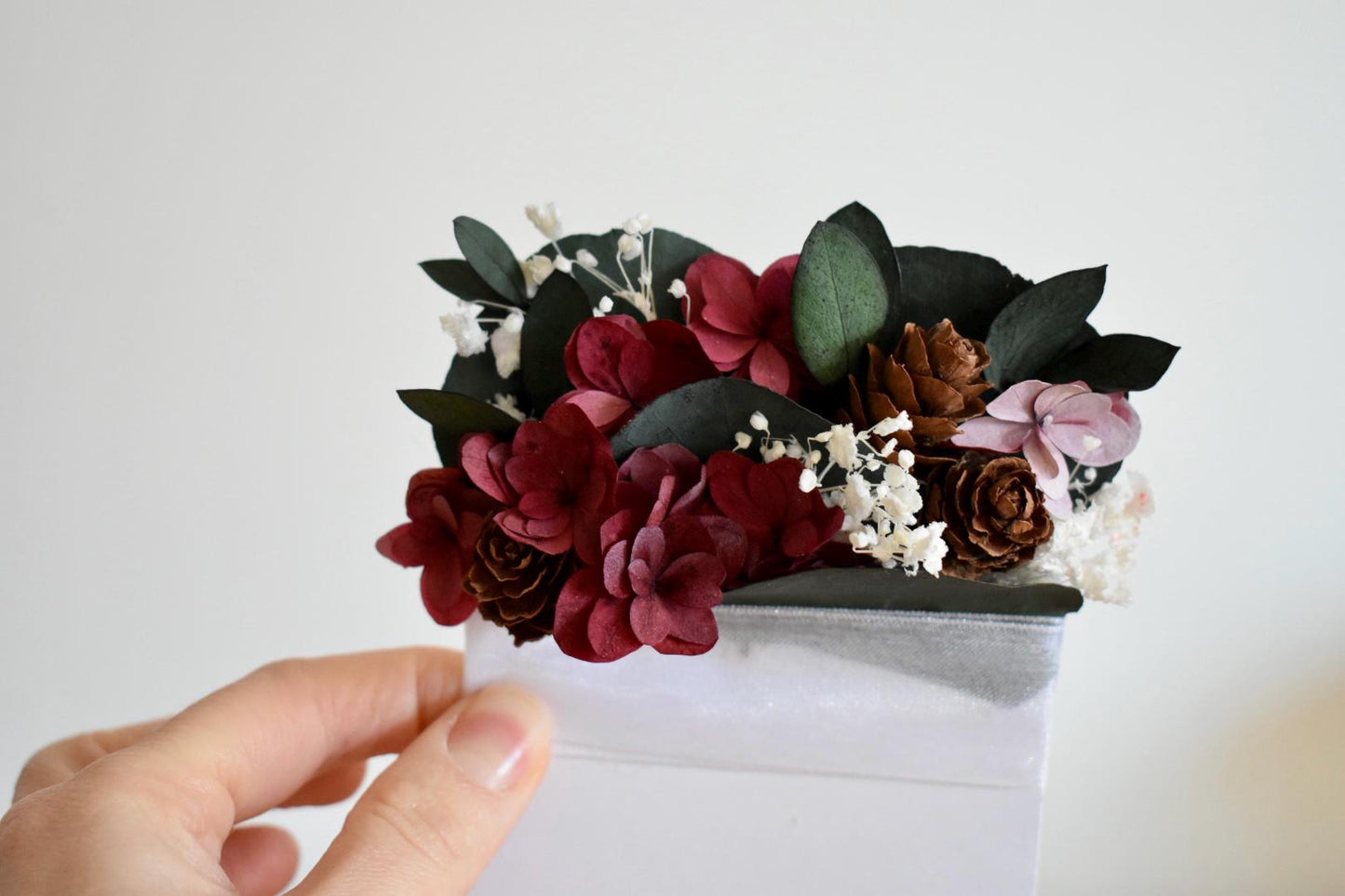 Icy burgundy hydrangea and eucalyptus winter pocket boutonniere