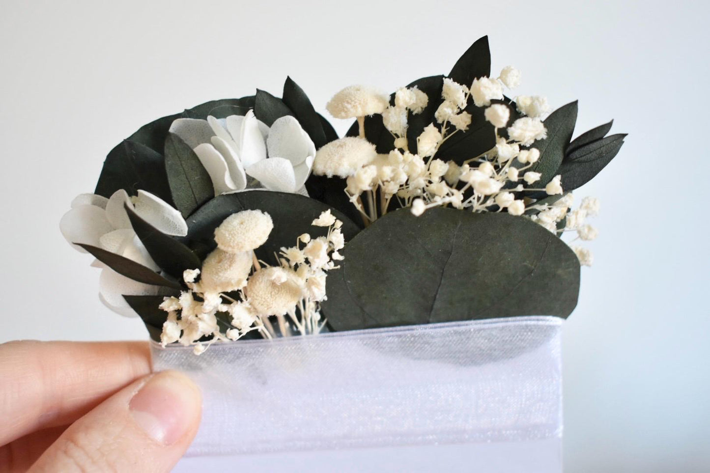 White hydrangea and eucalyptus pocket boutonniere