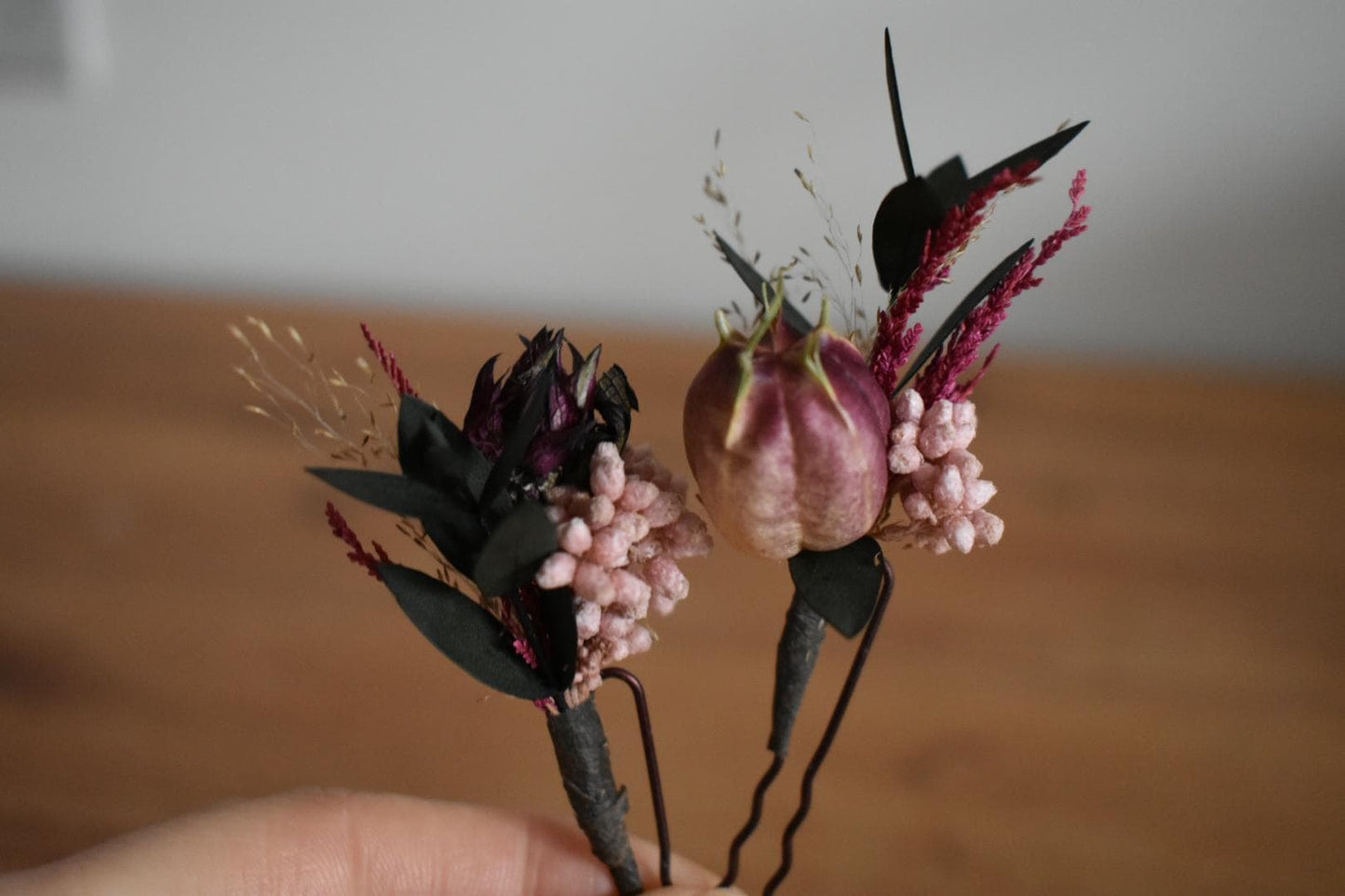 Pink and burgundy foliage hair pins