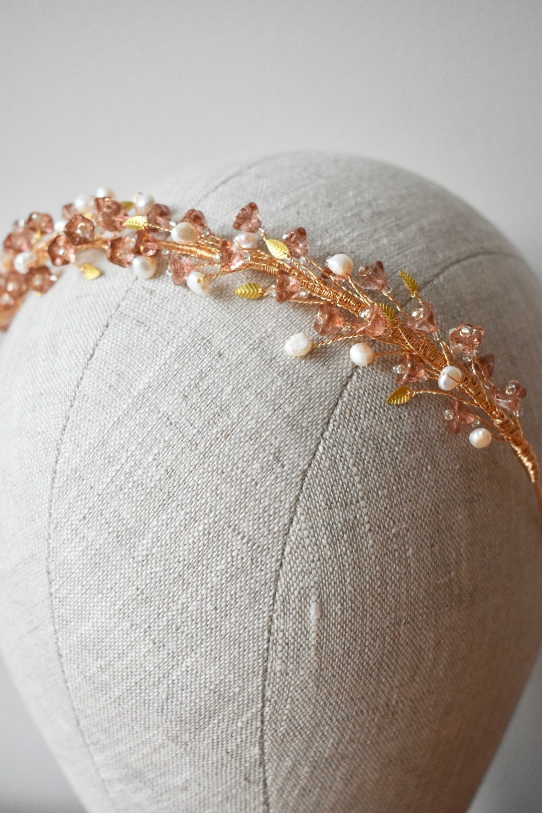 Glass flower and pearl headband in blush and gold