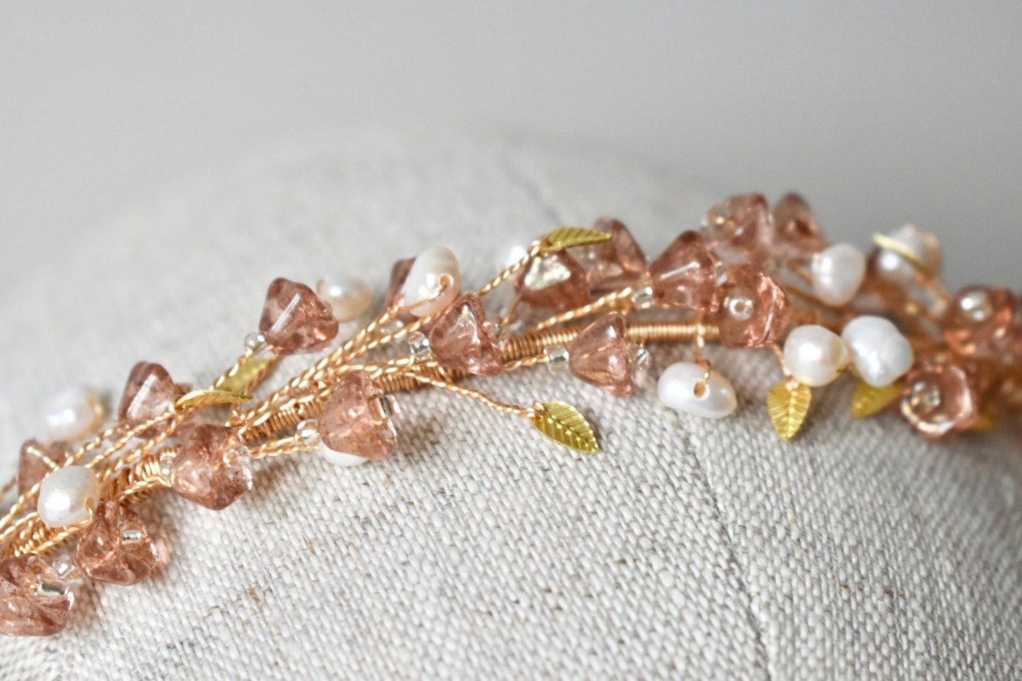 Glass flower and pearl headband in blush and gold
