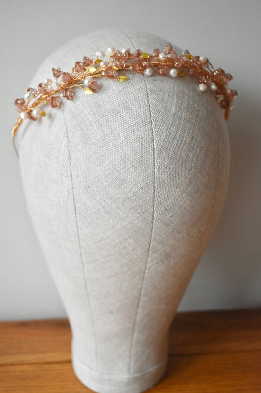Glass flower and pearl headband in blush and gold