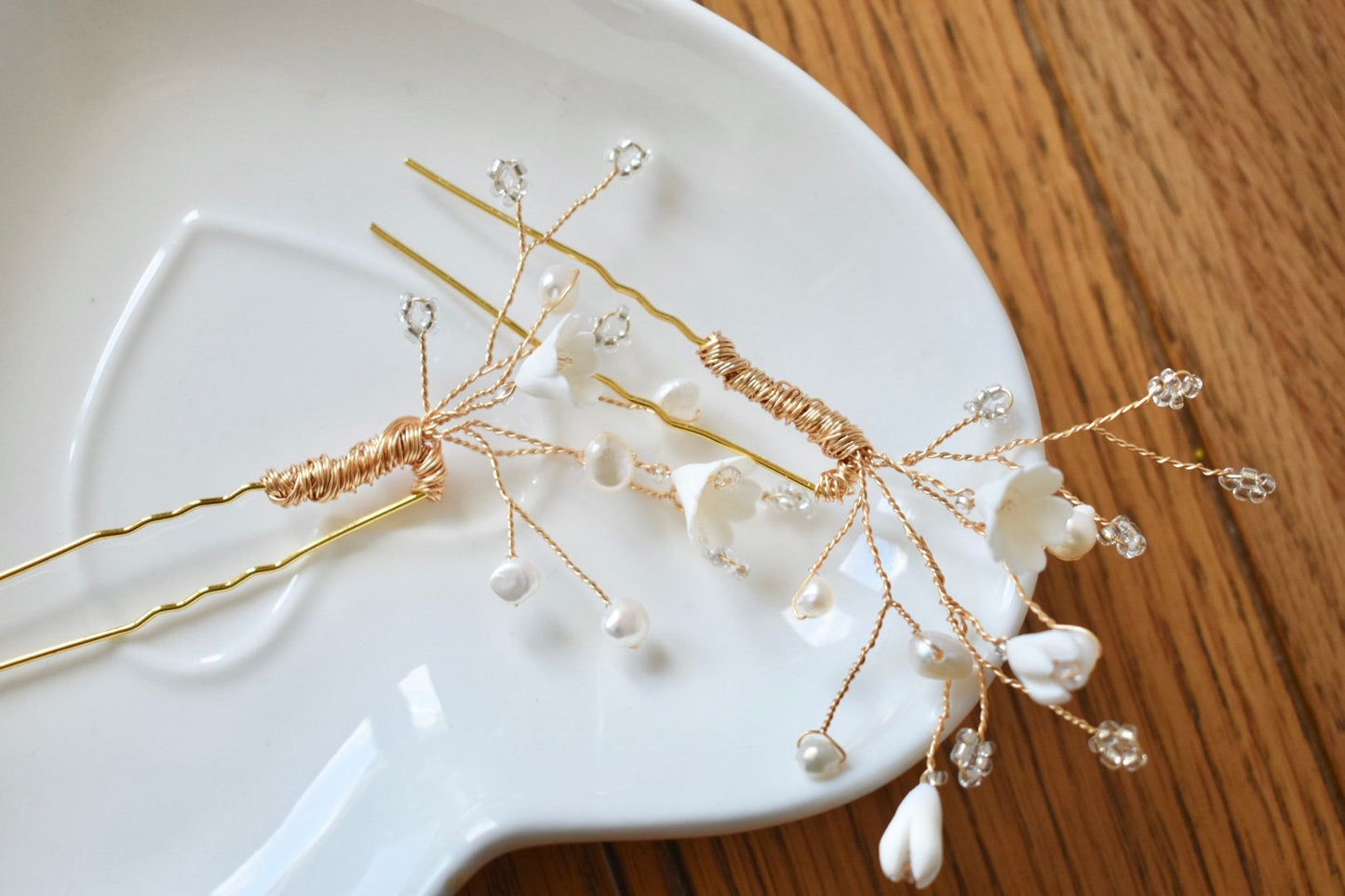 Pearl and clay flower hair pins