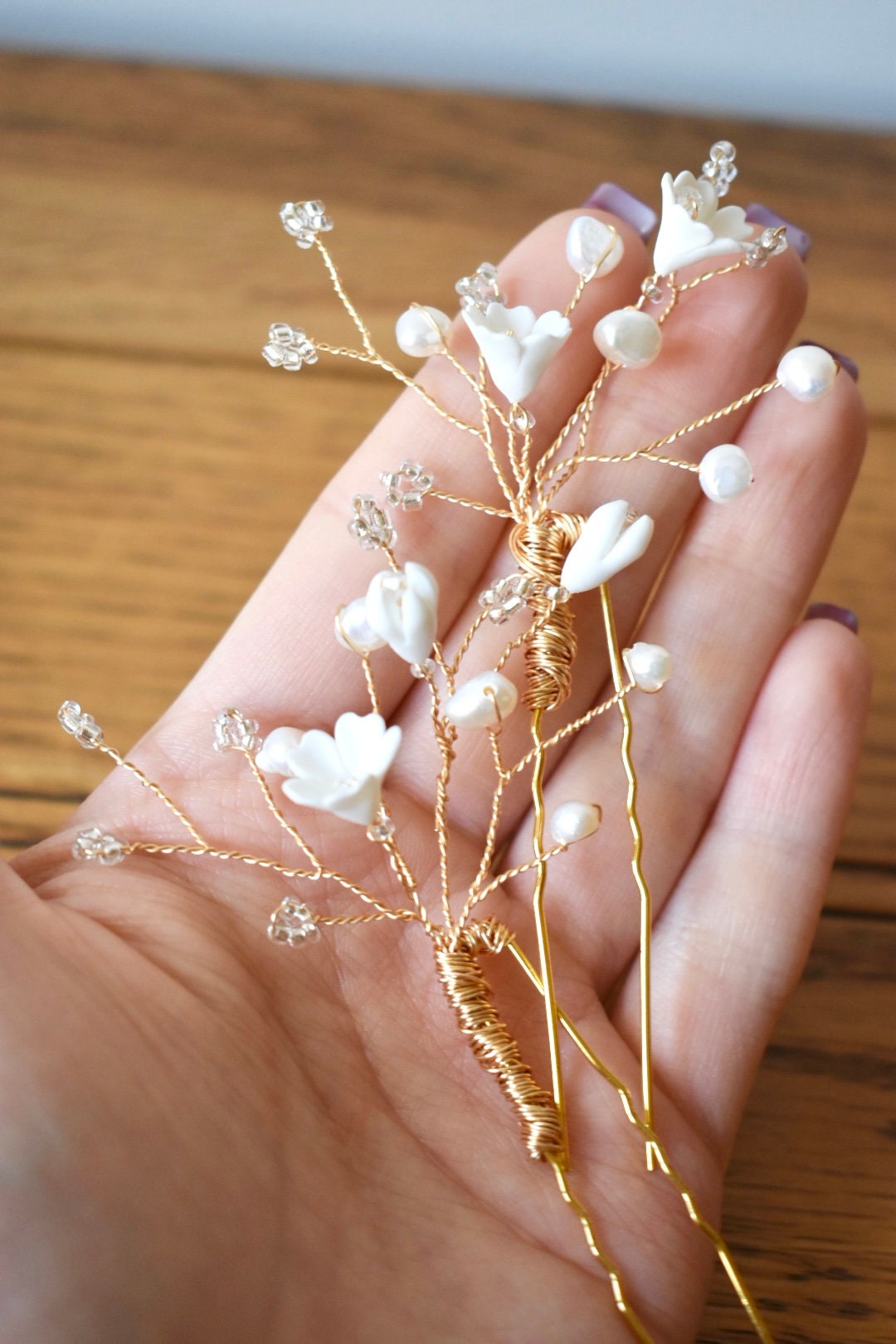 Pearl and clay flower hair pins