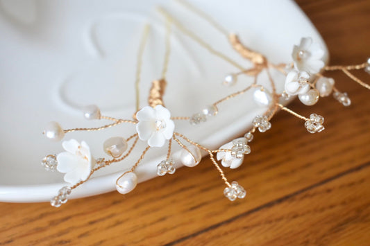 Pearl and clay flower hair pins