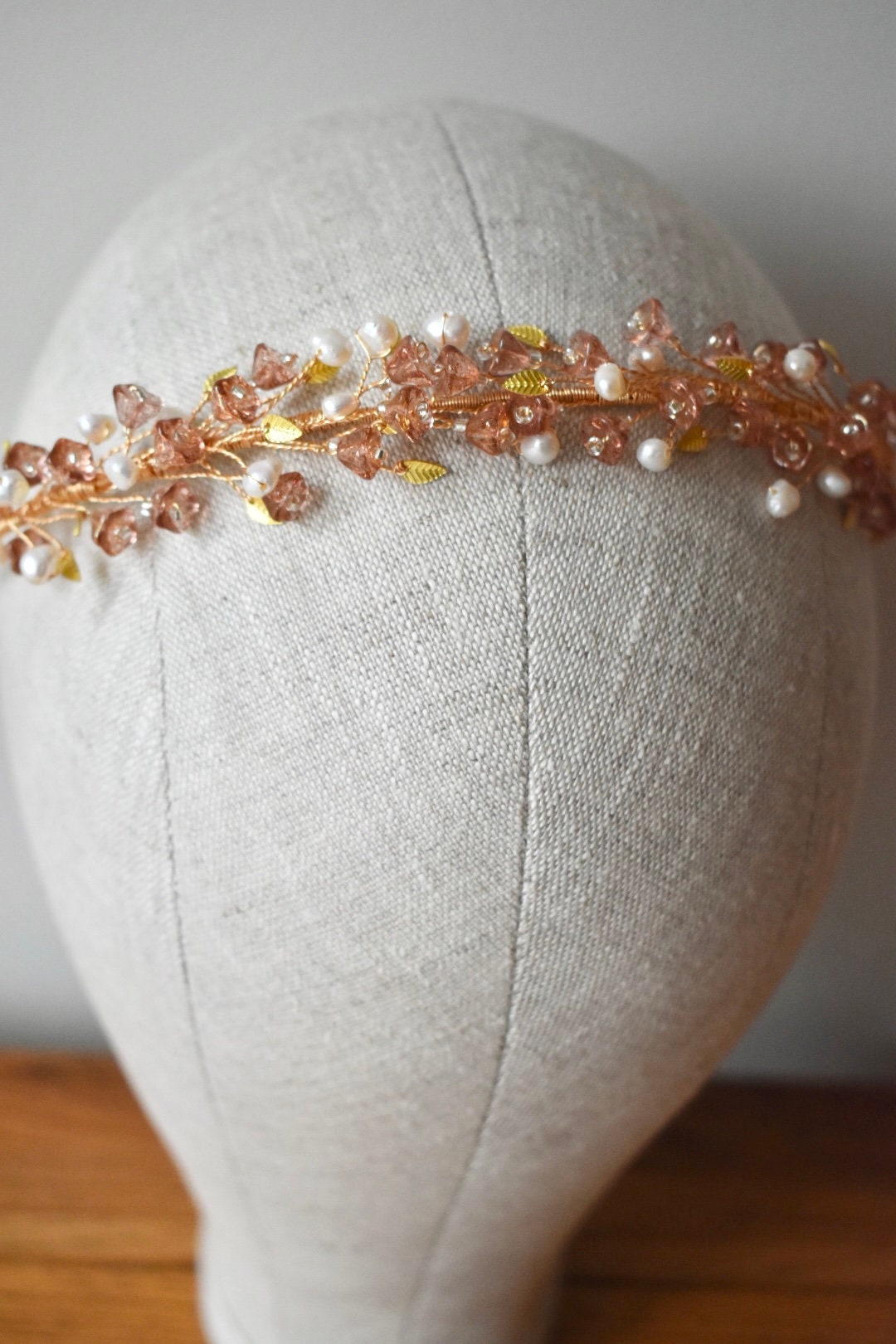 Glass flower and pearl headband in blush and gold