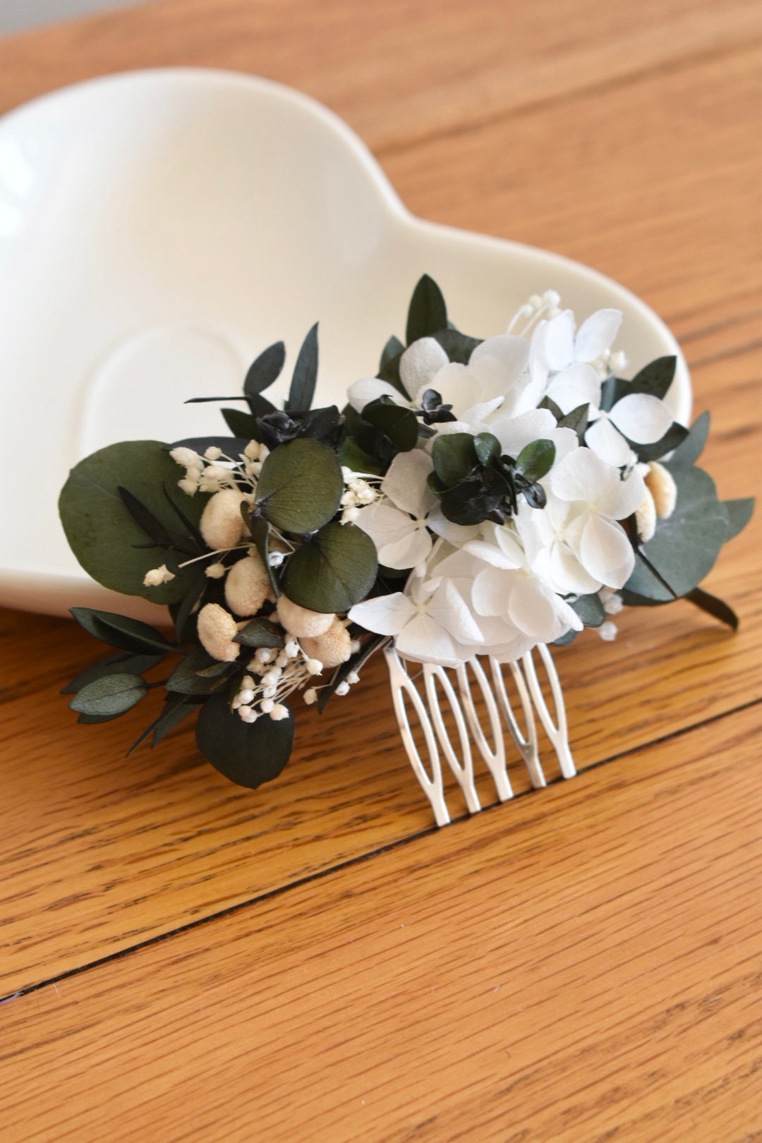 Bleached hydrangea and eucalyptus comb