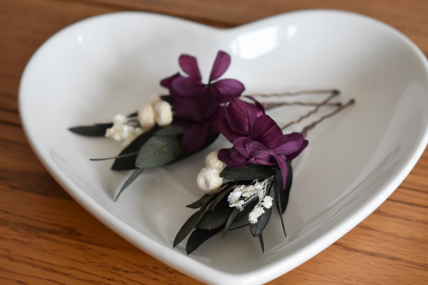Hydrangea and eucalyptus hair pins