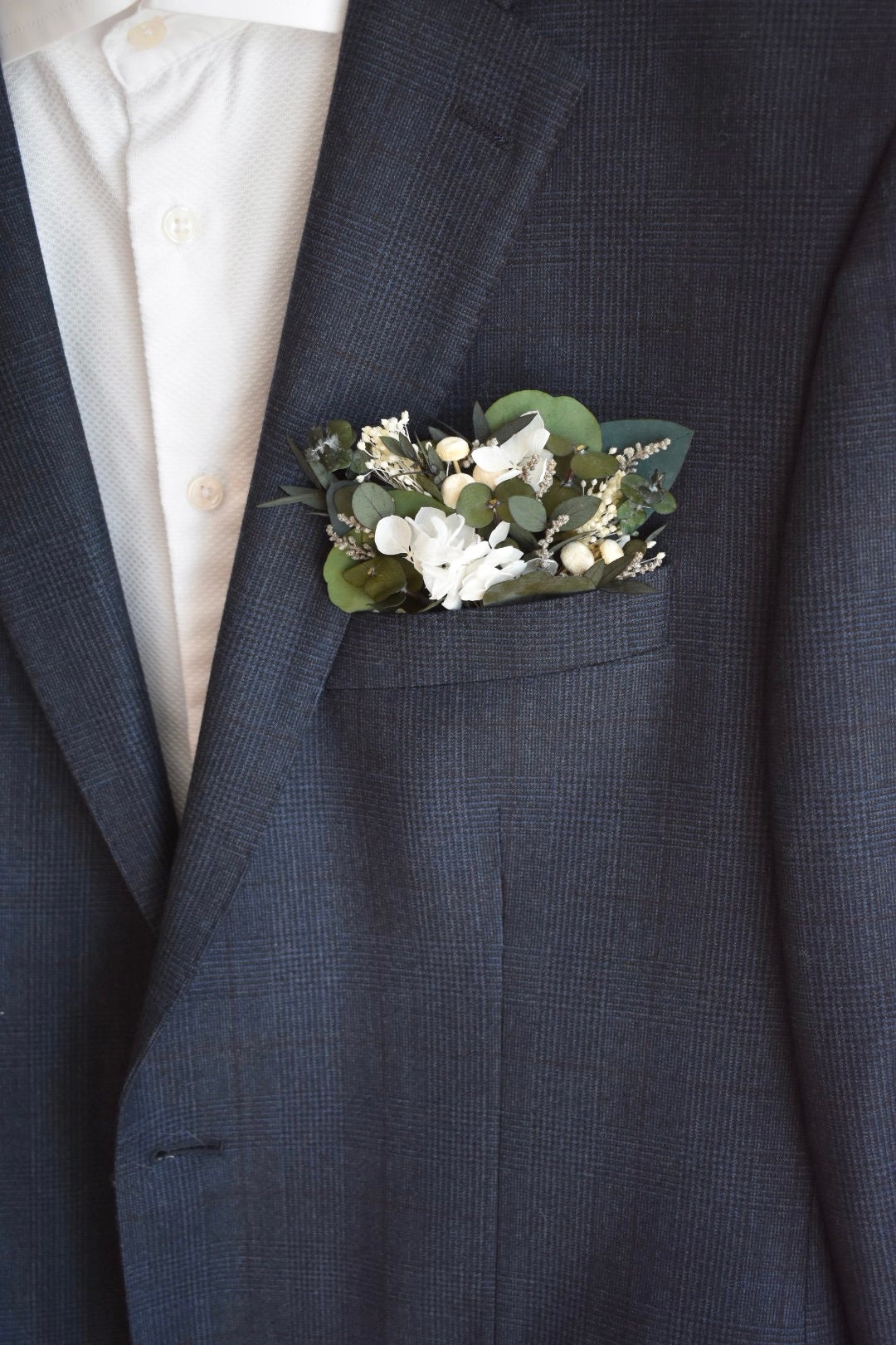 Hydrangea and eucalyptus pocket boutonniere