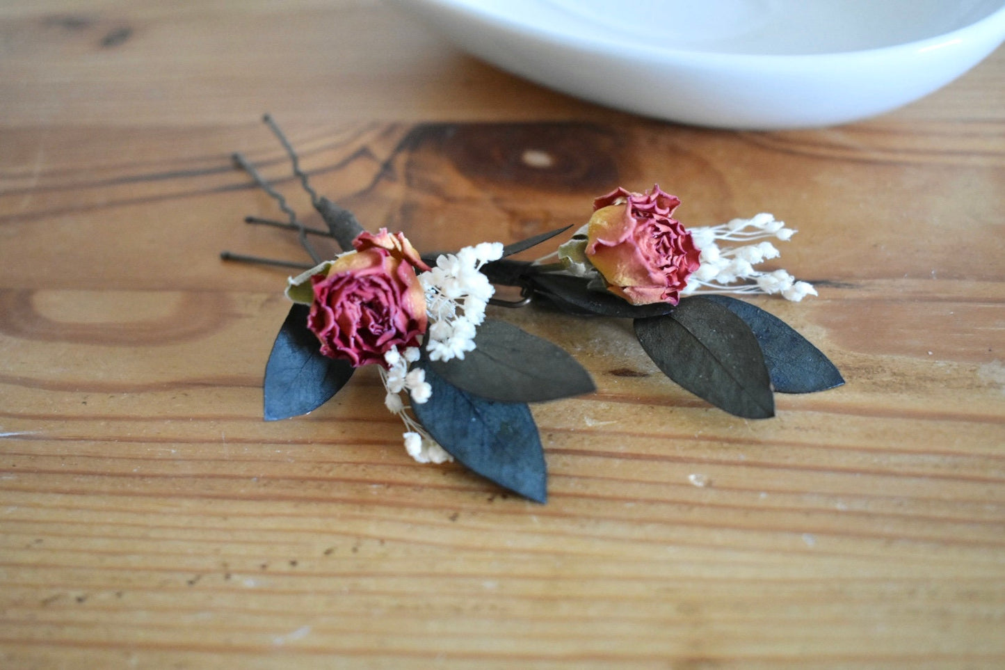 Rose and eucalyptus hair pins