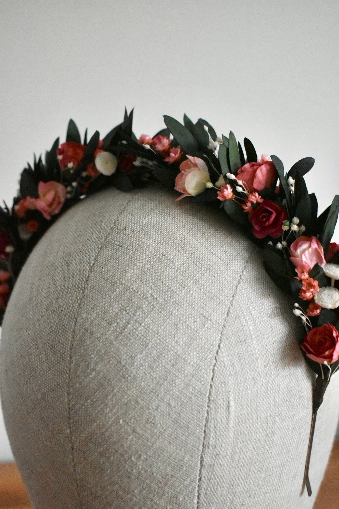 Pink flower and eucalyptus headband