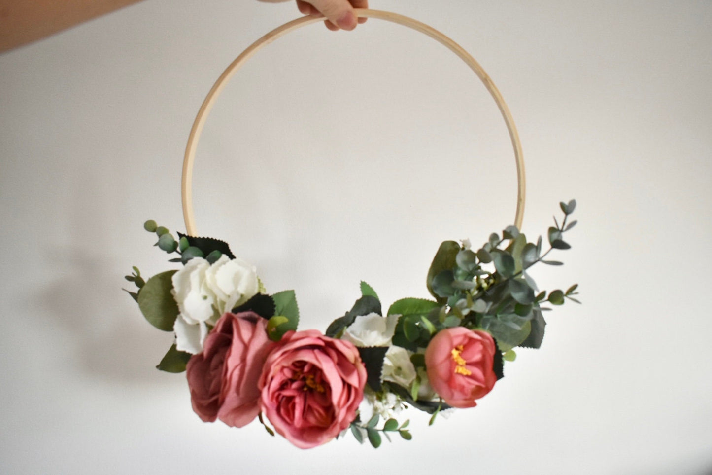 Pink rose and hydrangea floral hoop