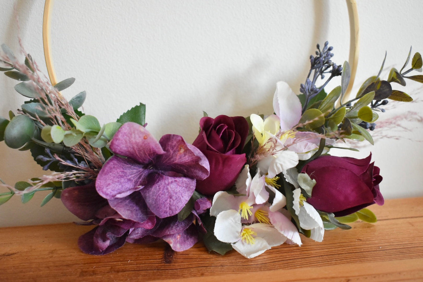 Hydrangea and rose floral hoop