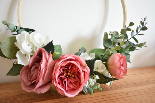 Pink rose and hydrangea floral hoop