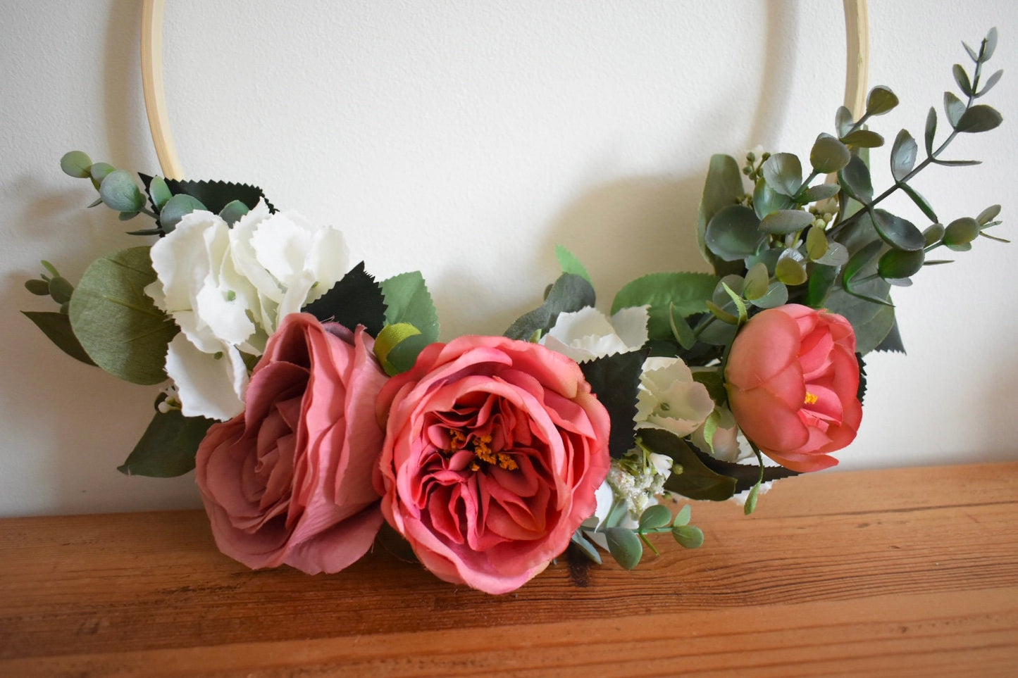 Pink rose and hydrangea floral hoop