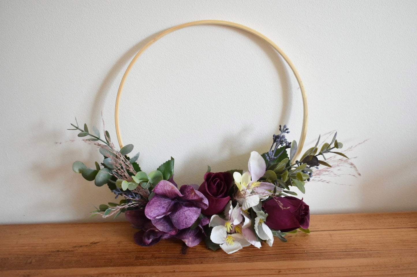 Hydrangea and rose floral hoop
