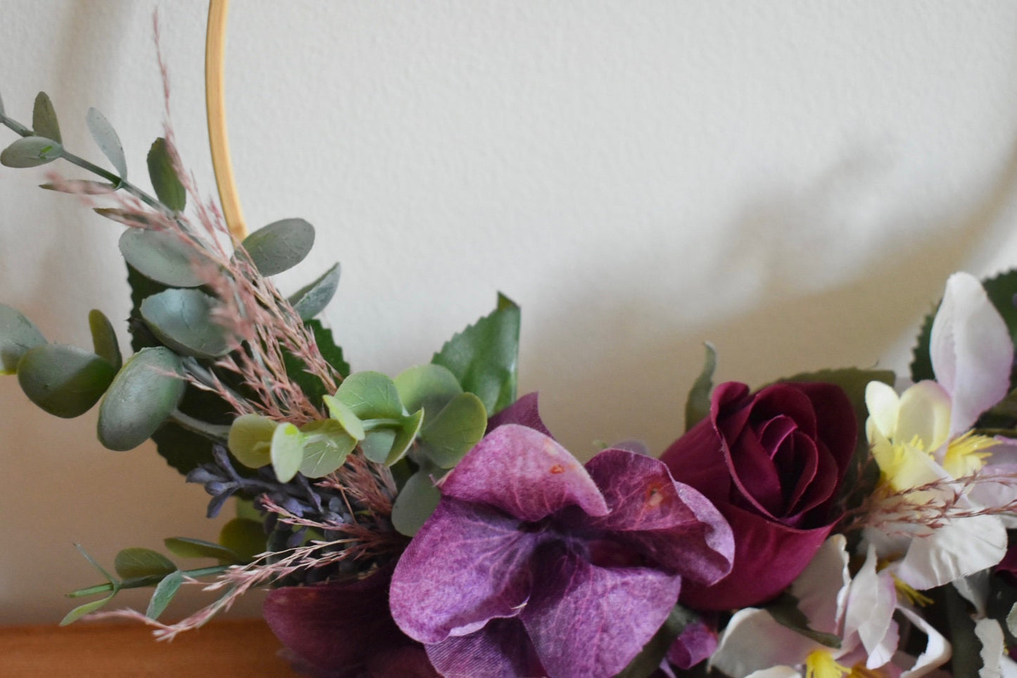 Hydrangea and rose floral hoop