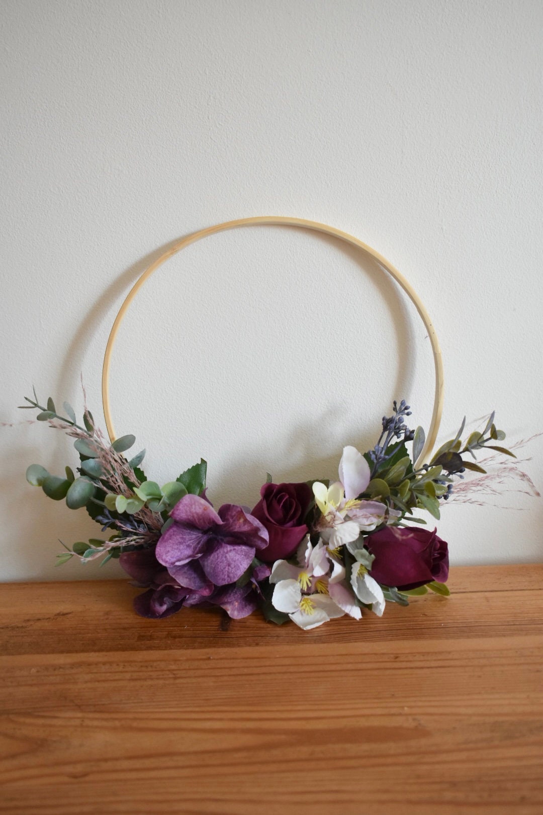Hydrangea and rose floral hoop