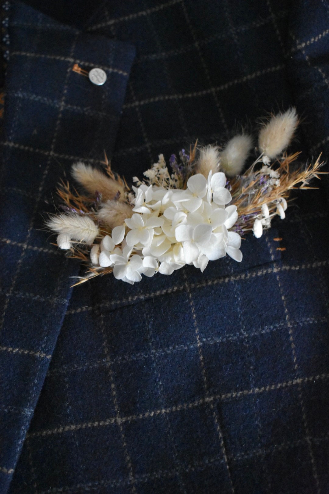 Boho pampas and hydrangea pocket boutonniere with purple