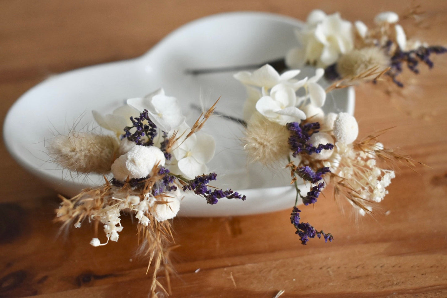 Boho pampas and hydrangea dried flower hair pins with purple