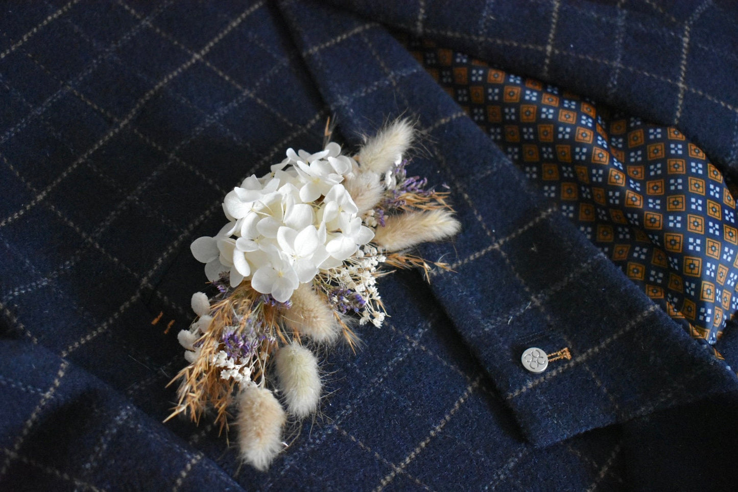 Boho pampas and hydrangea pocket boutonniere with purple