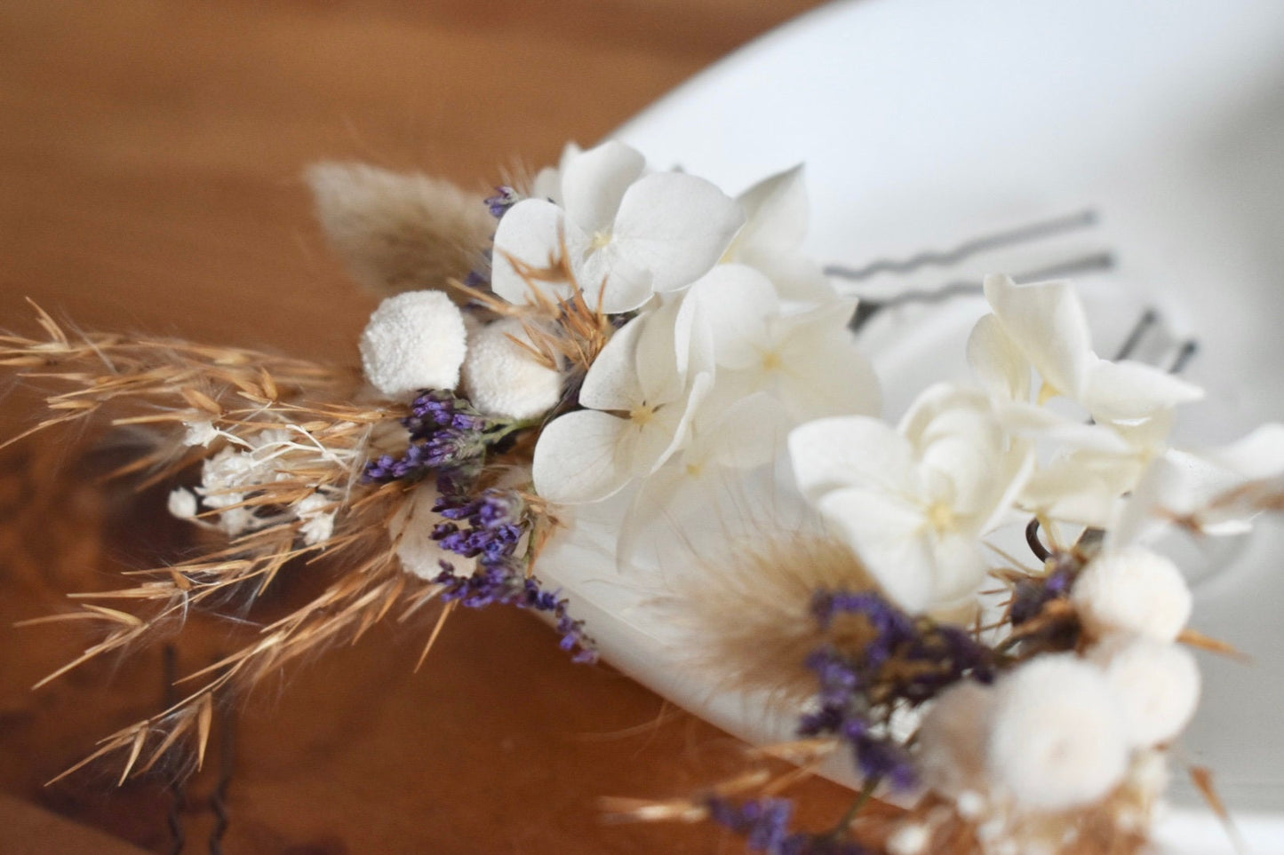 Boho pampas and hydrangea dried flower hair pins with purple