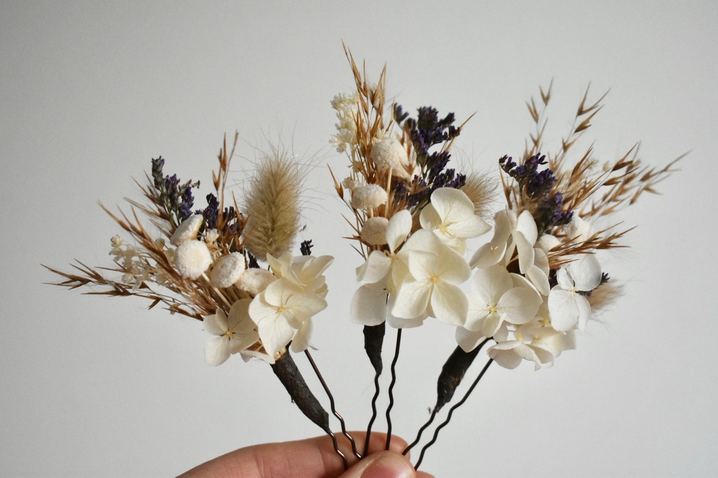 Boho pampas and hydrangea dried flower hair pins with purple