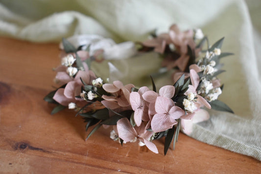 Nude hydrangea, eucalyptus and gypsophila wrist corsage