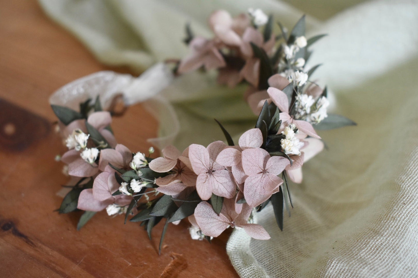 Nude hydrangea, eucalyptus and gypsophila wrist corsage