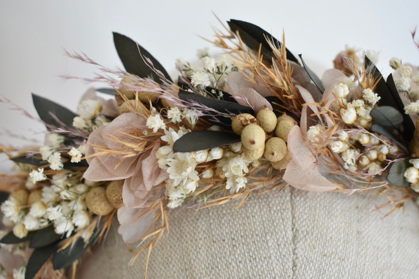 Eucalyptus, pampas and pale pink hydrangea headband