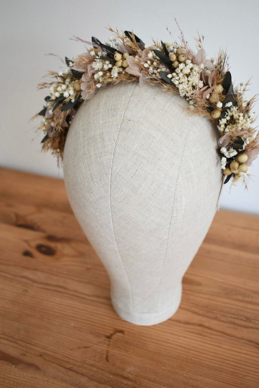 Eucalyptus, pampas and pale pink hydrangea headband