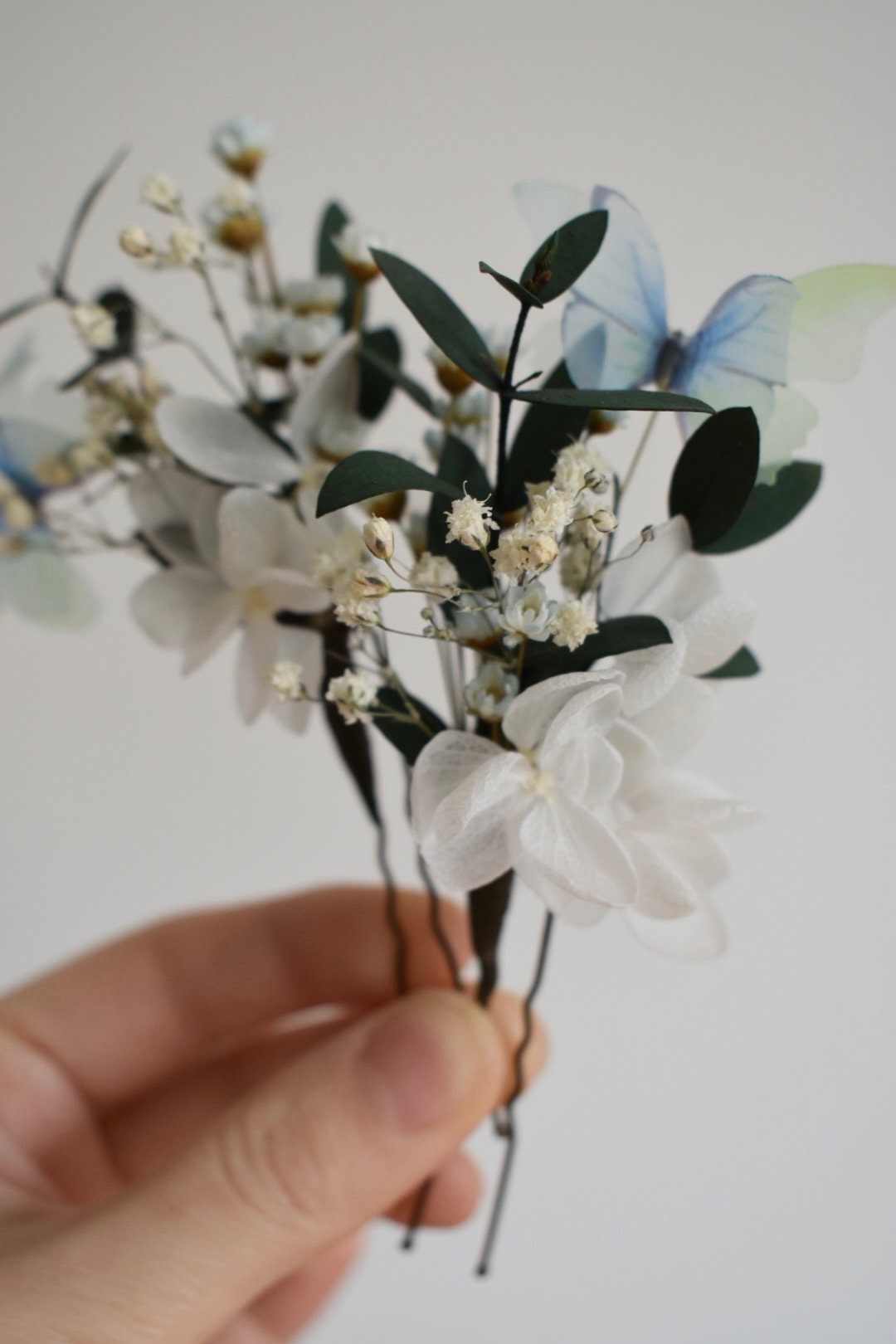 Blue butterfly and flower hair pins