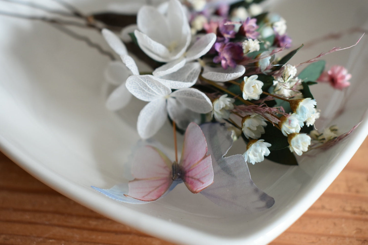 Blue and pink butterfly and flower hair pins