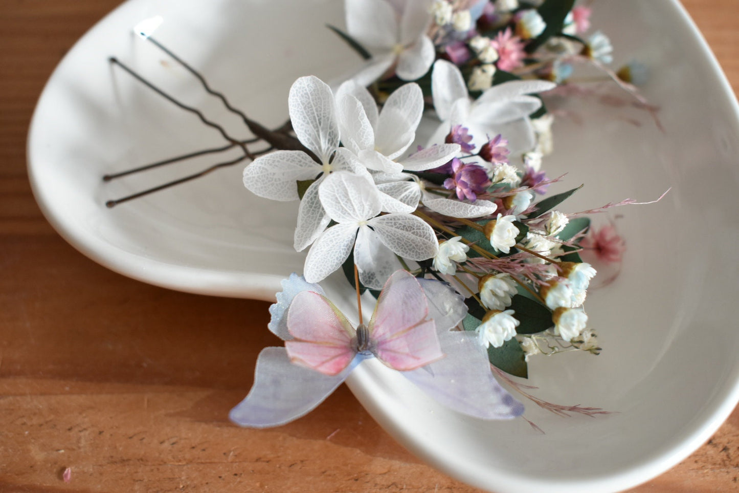 Blue and pink butterfly and flower hair pins