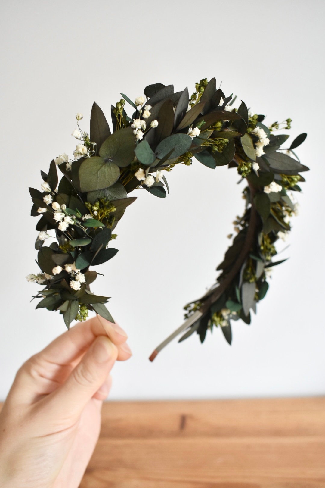Eucalyptus headband with gypsophila