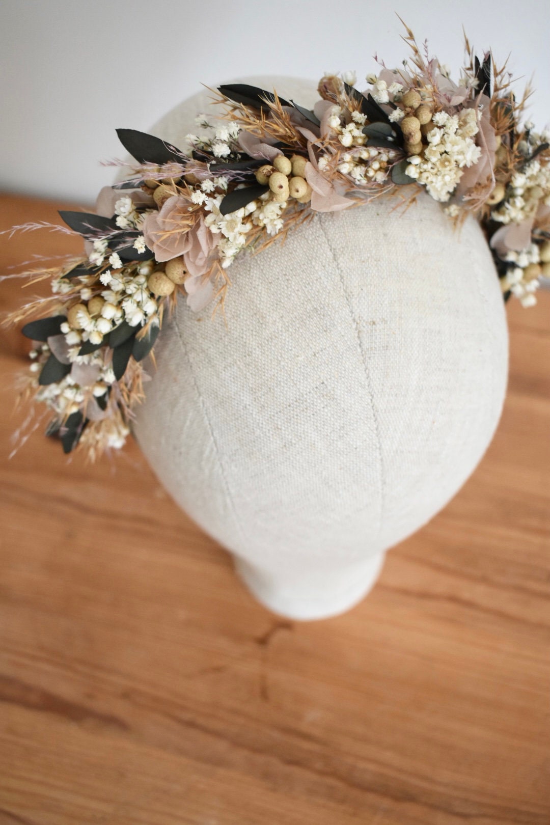 Eucalyptus, pampas and pale pink hydrangea headband