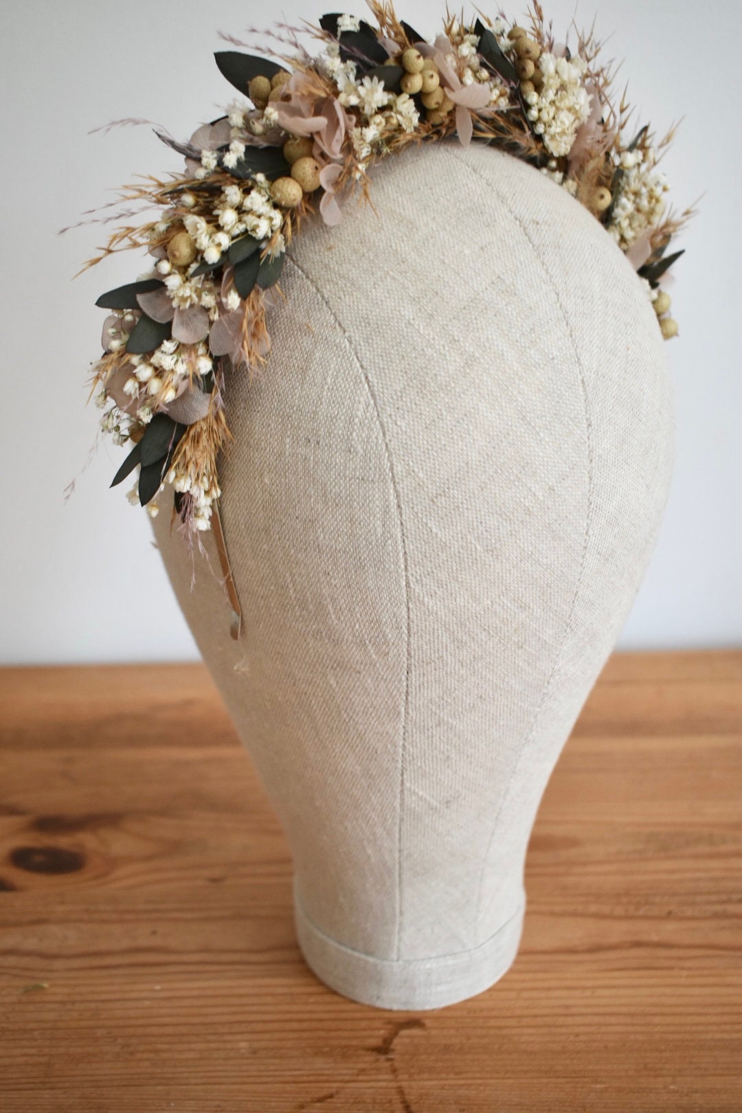 Eucalyptus, pampas and pale pink hydrangea headband