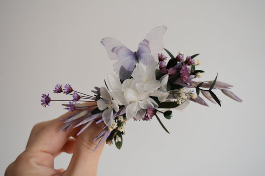 Purple butterfly and flower hair clip
