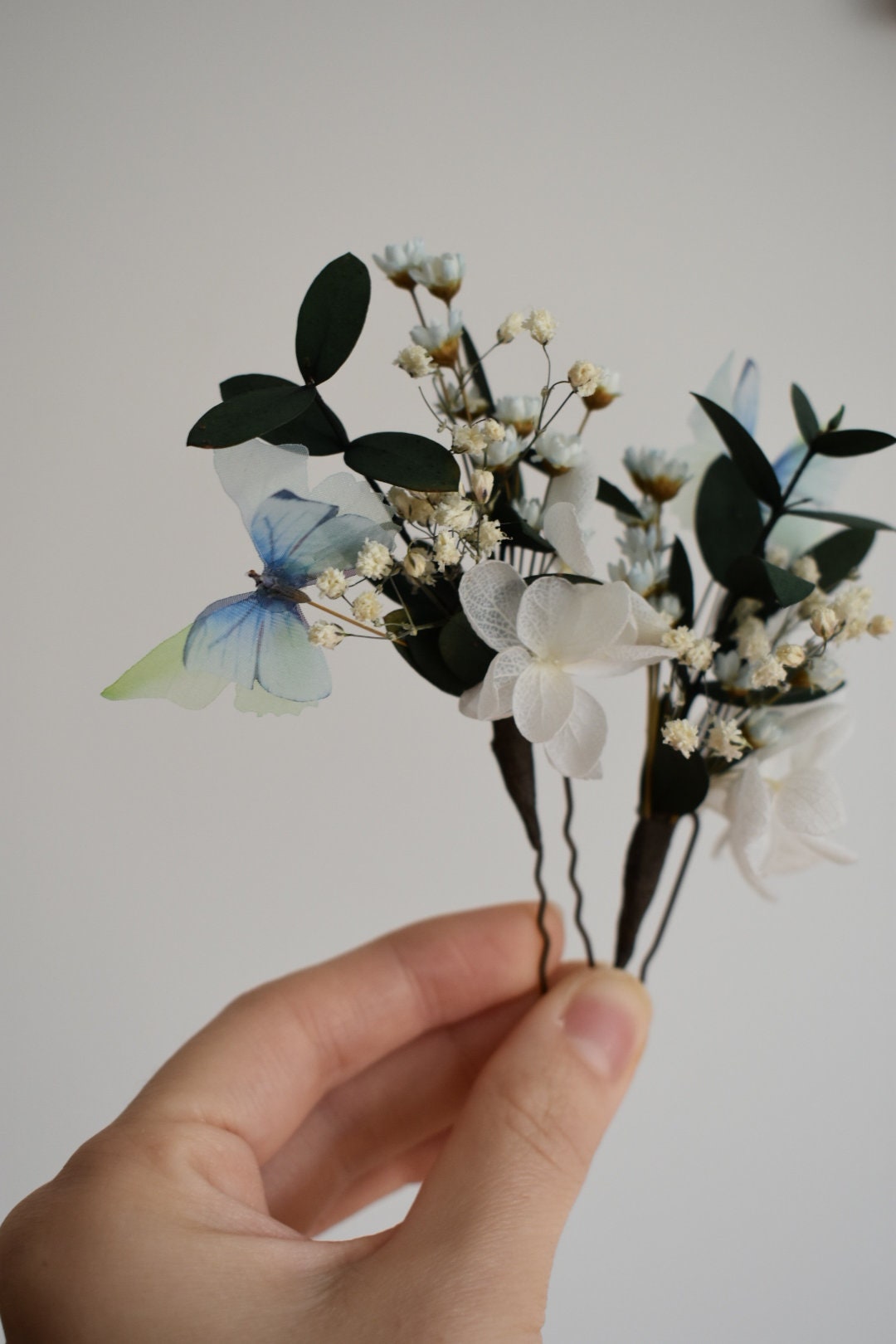 Blue butterfly and flower hair pins