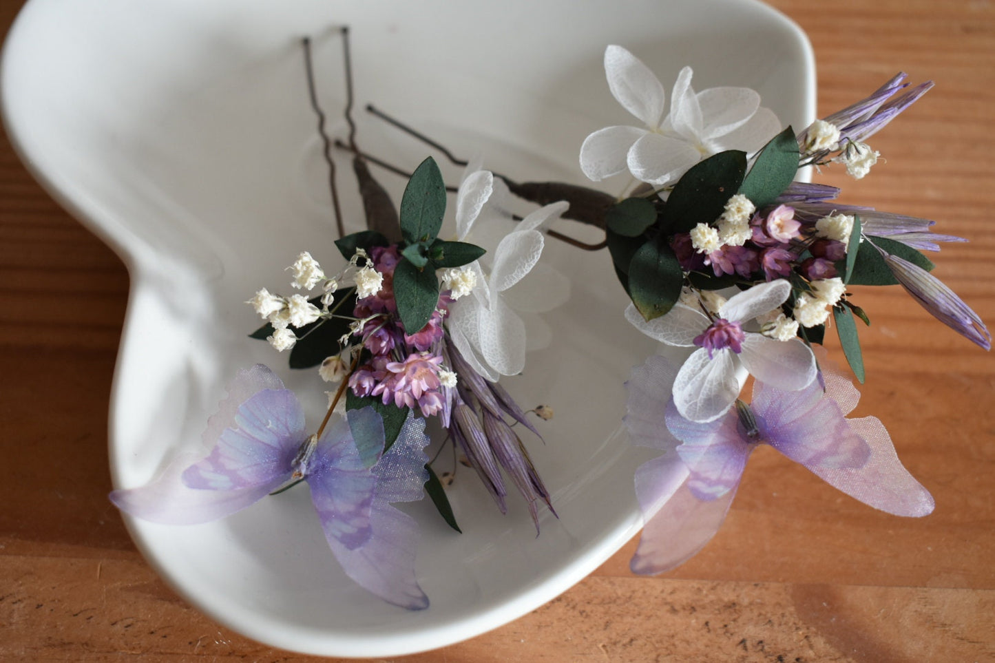 Purple butterfly and flower hair pins