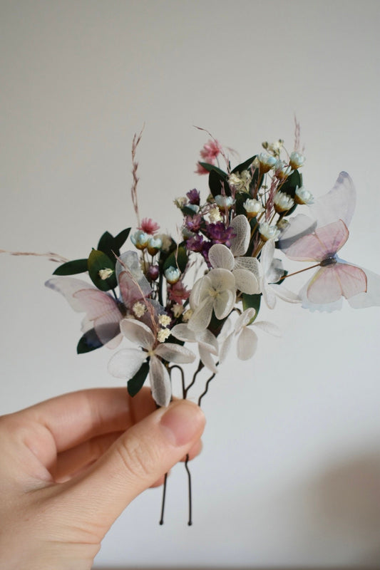 Blue and pink butterfly and flower hair pins